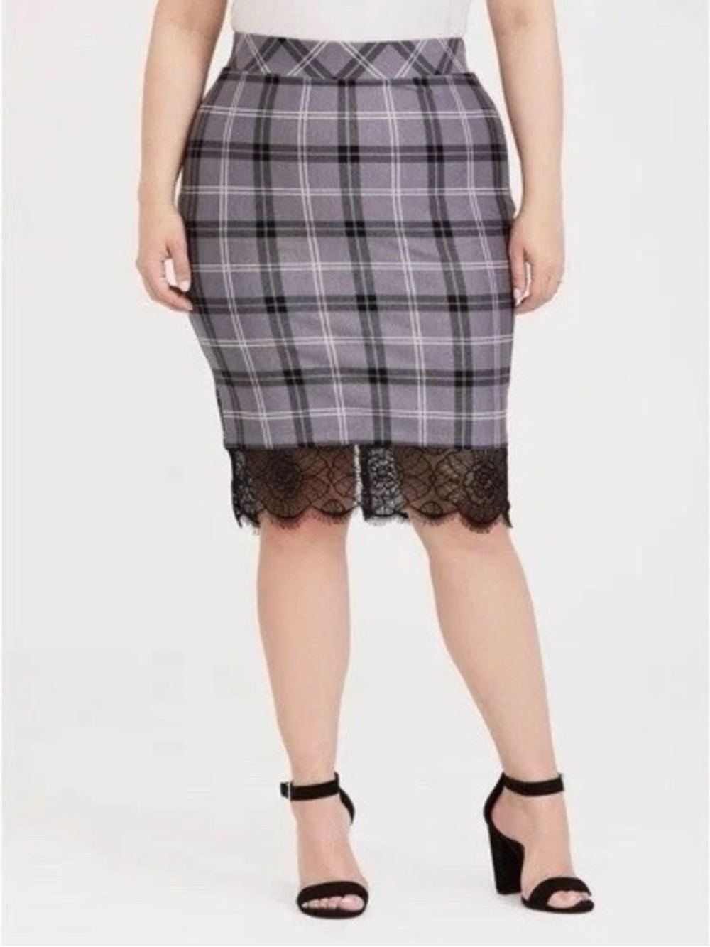 torrid Plaid Pencil Skirt with Black Lace Trim
